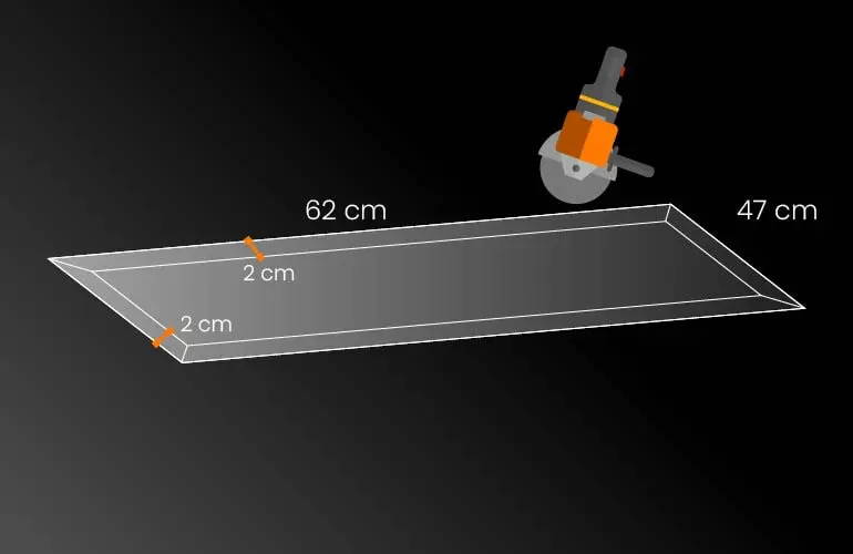 Construye paso a paso tu propia mesa de acero inoxidable ¡Es muy sencillo! 1 Esquema del plegado de una pestaña de dos centímetros para la construcción de una mesa de acero inoxidable