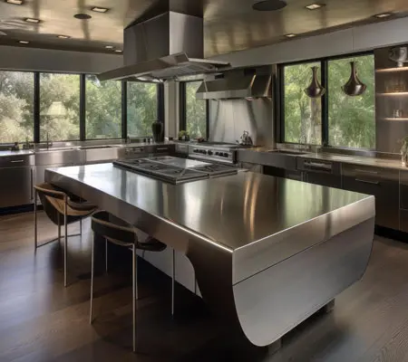 Construye paso a paso tu propia mesa de acero inoxidable ¡Es muy sencillo! 8 Mesa de acero inoxidable al centro de una cocina, con encimeras y repisas de acero inoxidable al fondo.