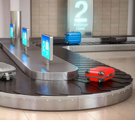 ¿Qué es la Cinta Transportadora de Acero Inoxidable? 7 Vector de una cinta transportadora de aeropuerto con maletas